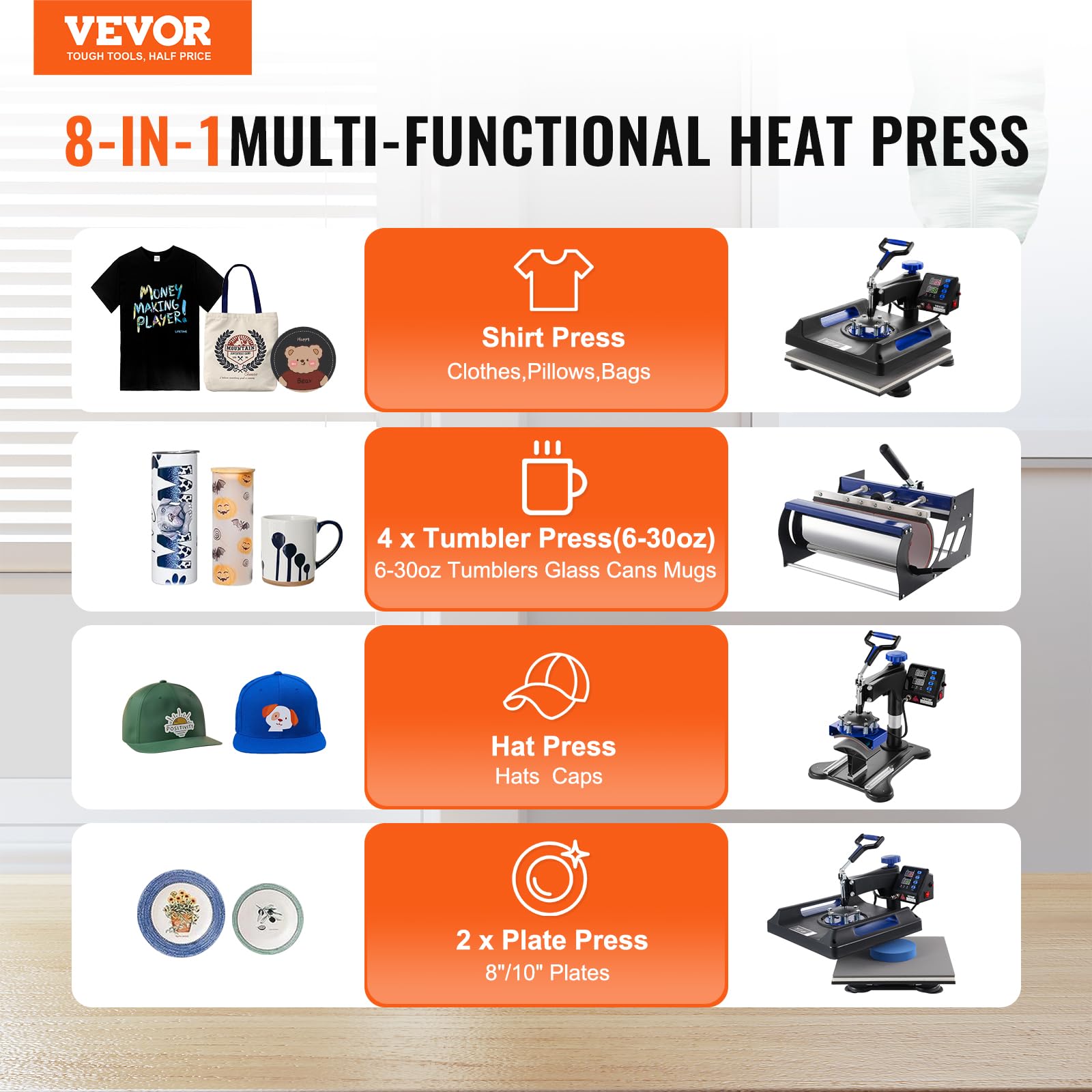 Foto 7 pulgar | Máquina De Prensa Térmica Vevor Pro 8 En 1 15x15 - Venta Internacional.