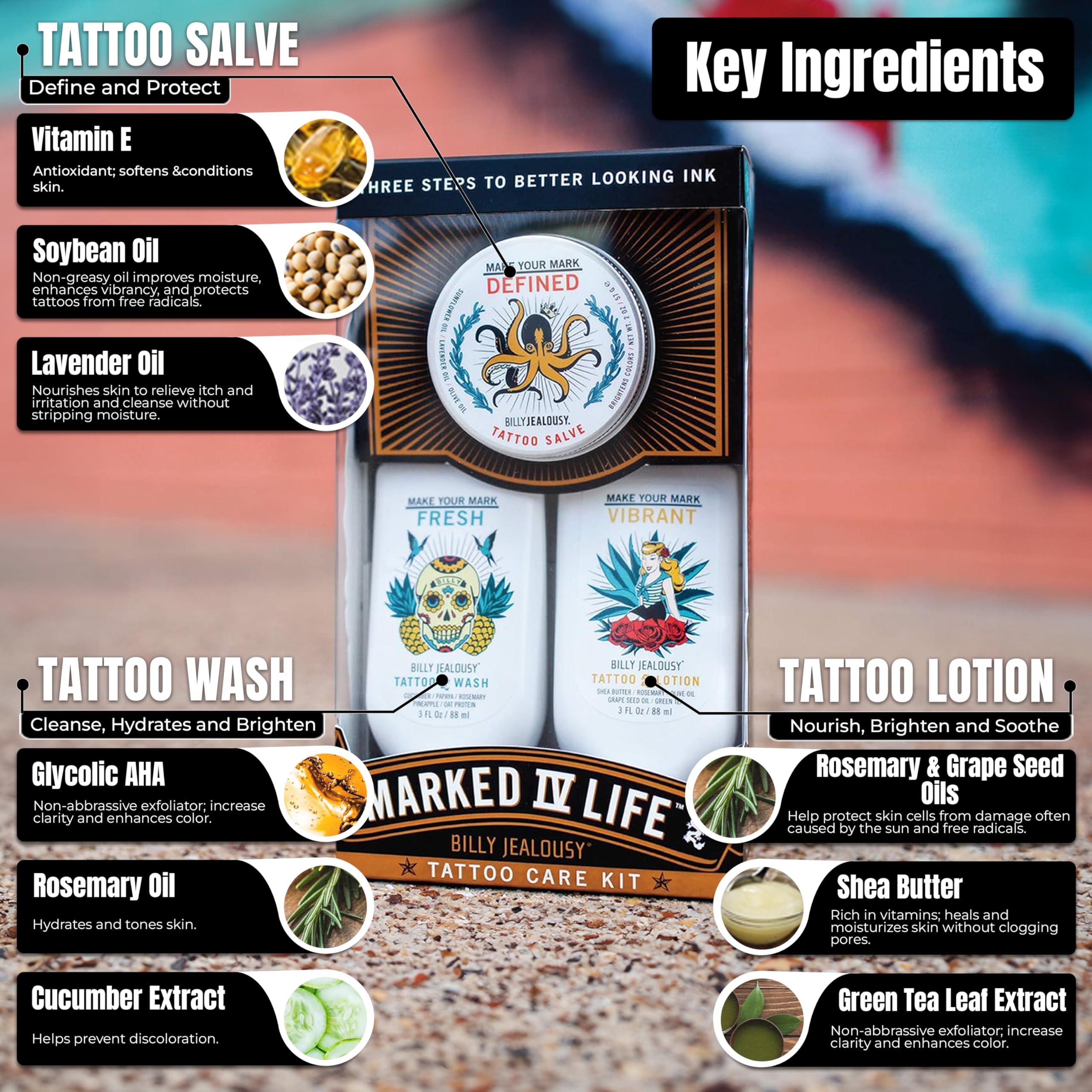 Foto 2 | Kit De Cuidado De Tatuajes Billy Jealousy Marked Iv Life Con Cuidado Posterior - Venta Internacional.