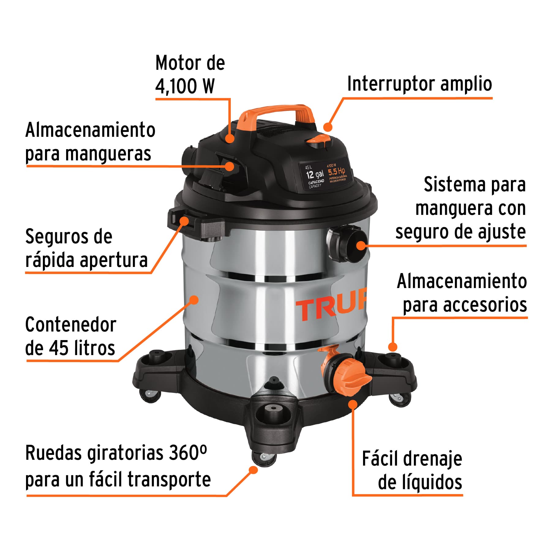 Foto 3 | Aspiradora Industrial Truper ASP-12X color Plata 45l