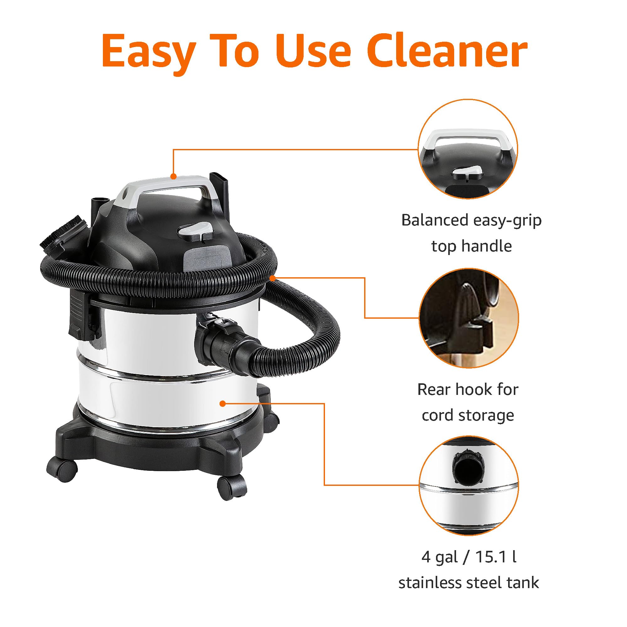 Foto 3 | Aspirador Húmedo Y Seco Amazon Basics 15 L 3 HP Acero Inoxidable - Venta Internacional