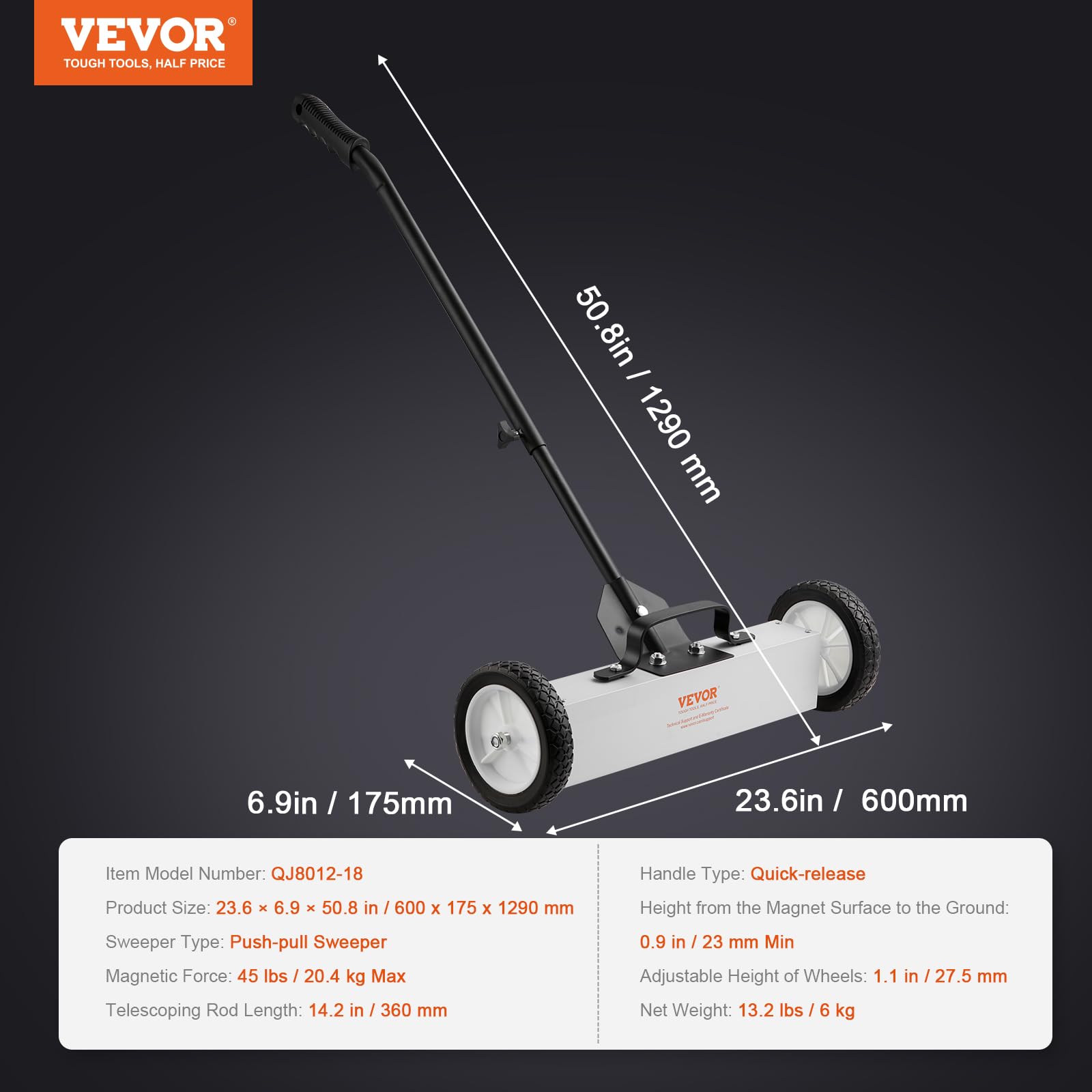 Foto 8 pulgar | Barredora Magnética Rodante Vevor, 20 Kg, 45 Libras, Con Ruedas De 45 Cm - Venta Internacional.