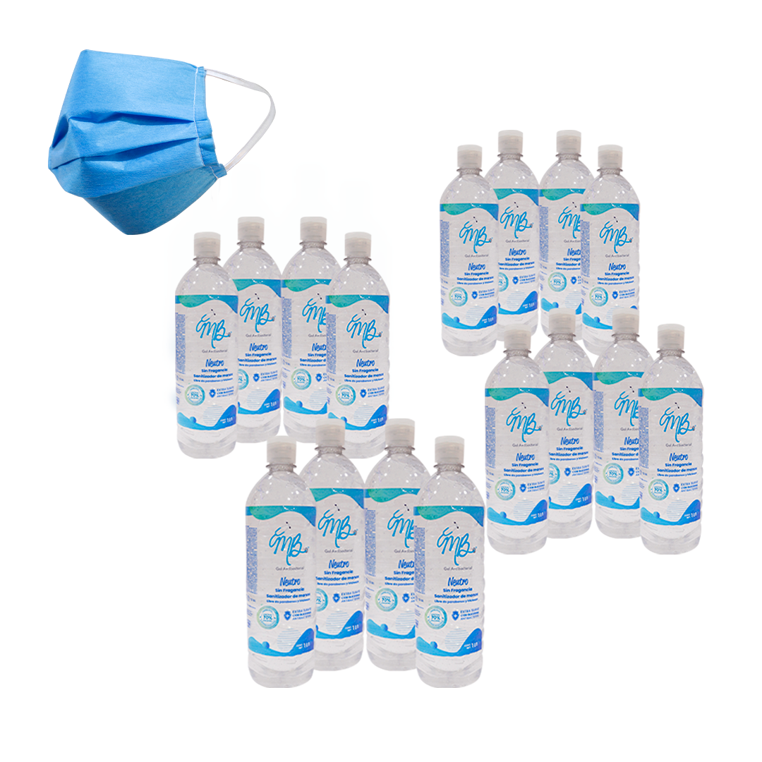 Foto 2 pulgar | Gel Antibacterial 1 Litro Caja 16 Piezas + 100 Cubre Bocas