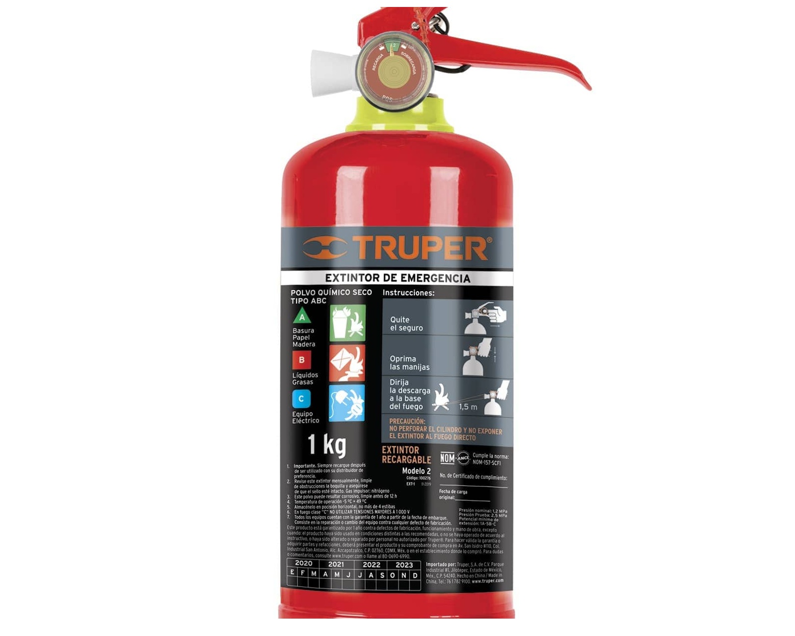 Extintor de Emergencia 1 kg Truper Ext-1000 Recargable Portátil color Rojo