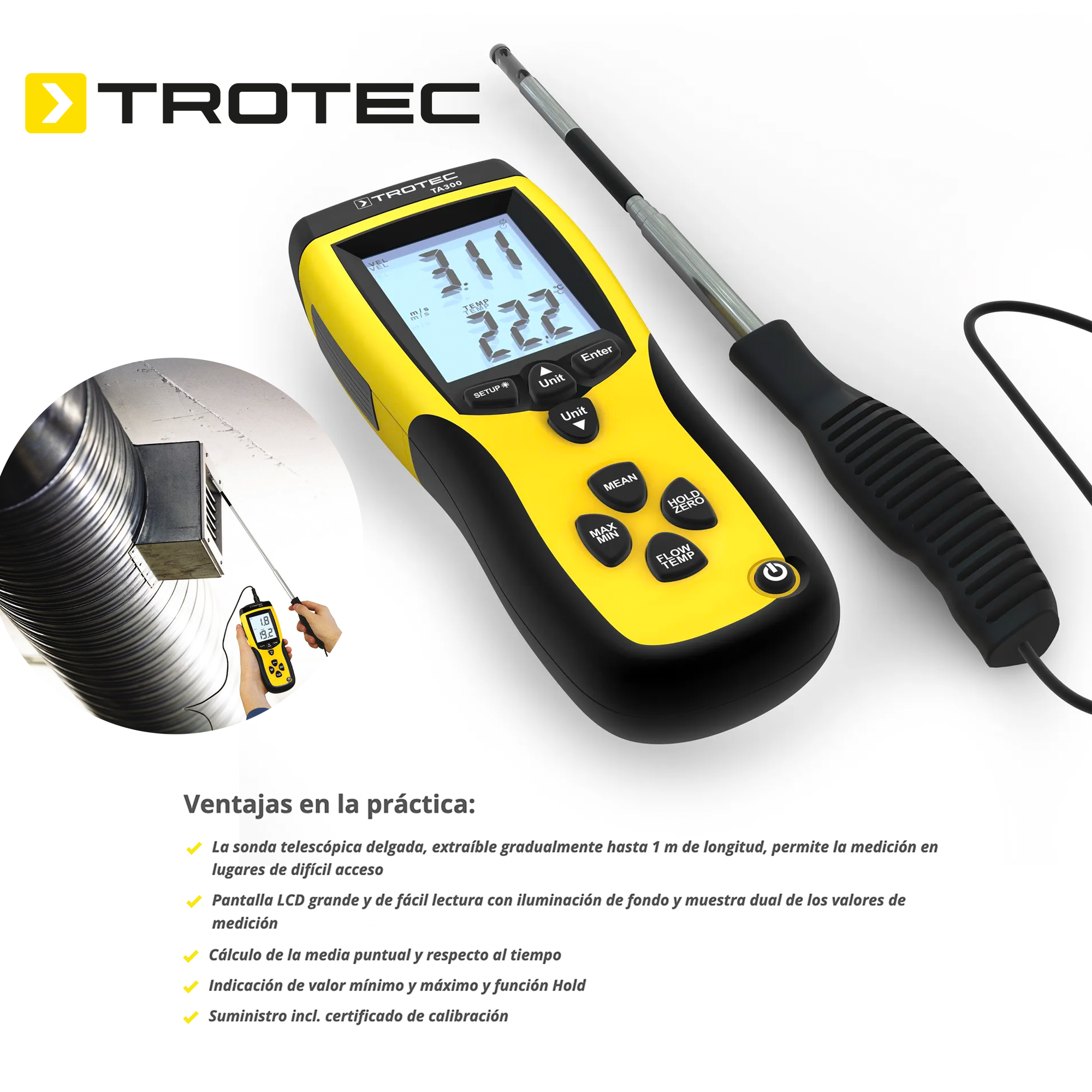 Foto 4 pulgar | Anemometro De Hilo Caliente Con Sonda Extendible Digital De Velocidad Del Aire Profesional