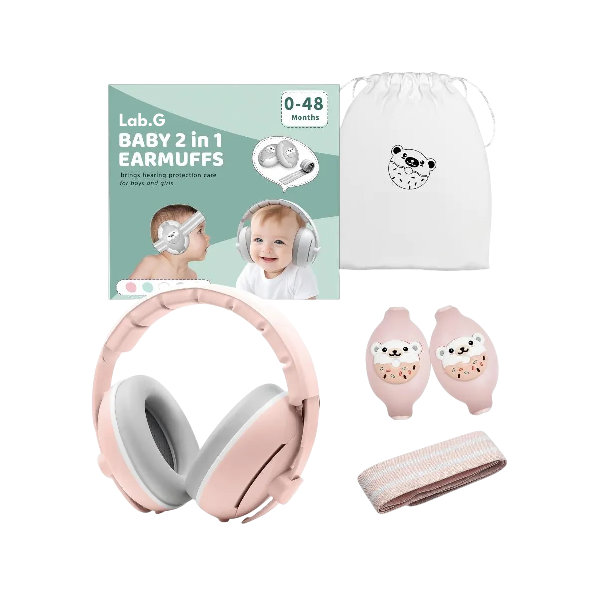 Nuevo 2 En 1 Orejeras Antiruido Lab.g Bebe 0-4, Protector Auditivo Rosa