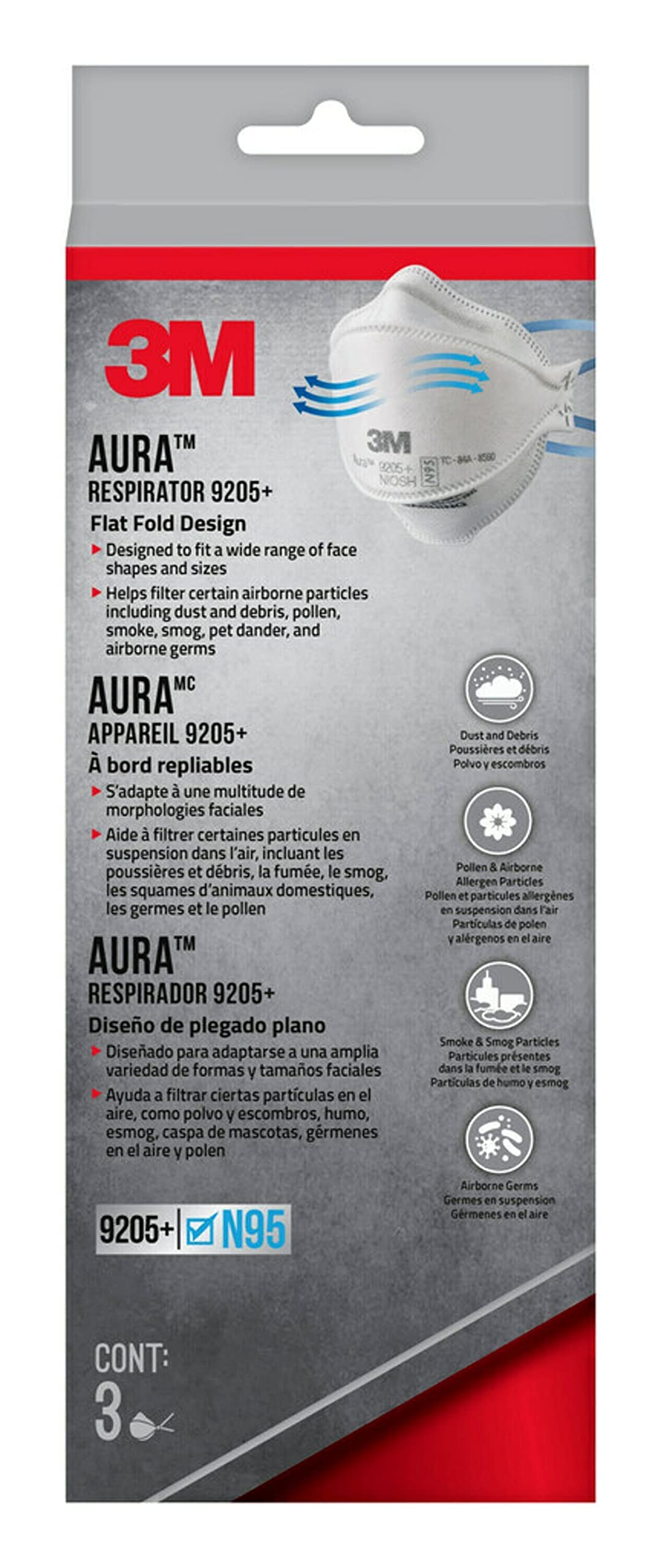 Foto 3 pulgar | Respirador De Partículas 3m Aura 9205+ N95 Ligero, Paquete De 3 - Venta Internacional.