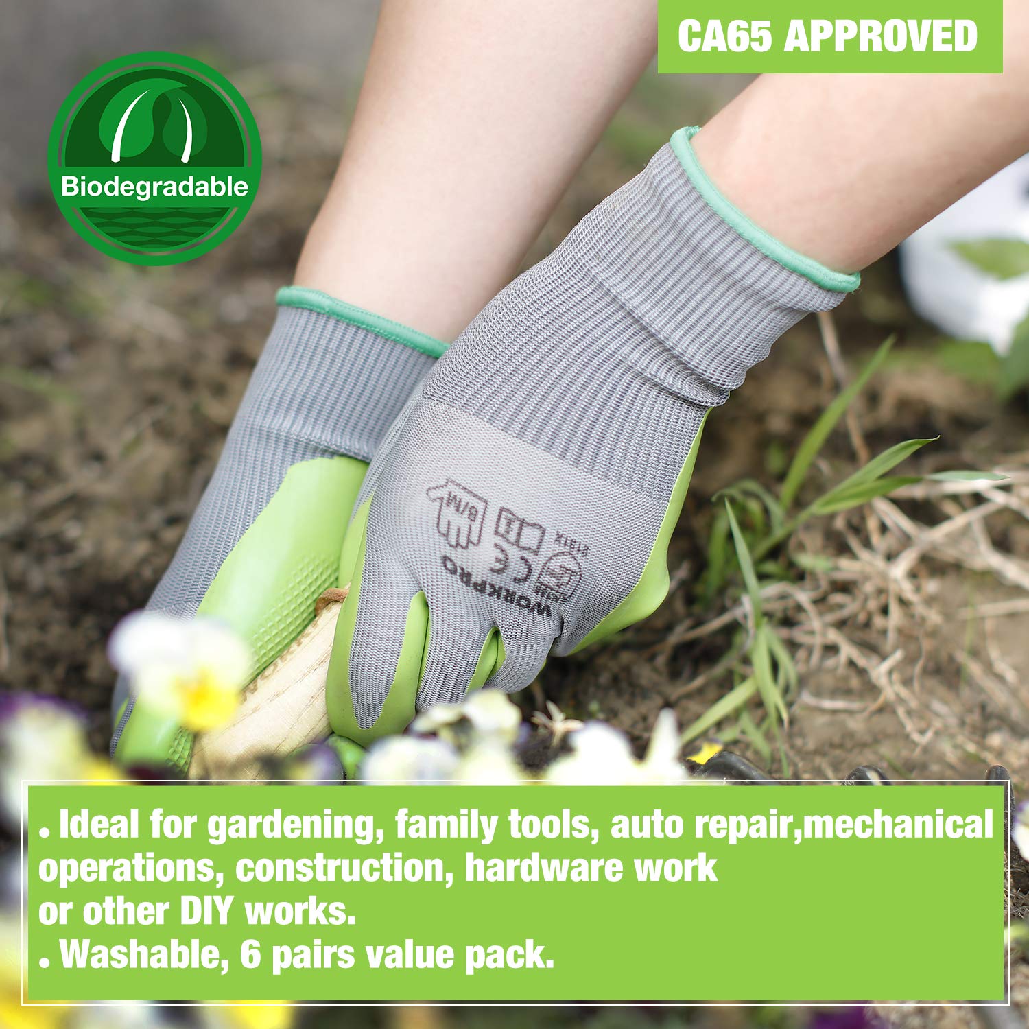 Foto 7 pulgar | Guantes De Jardín Workpro, 6 Pares, Con Revestimiento De Látex Ecológico En La Palma - Venta Internacional.