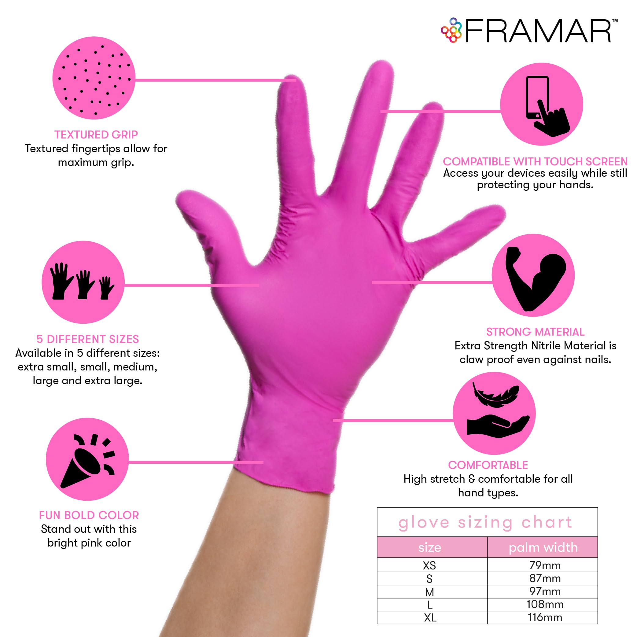 Foto 2 | Guantes Desechables De Nitrilo Framar Pink Xs Sin Látex  Paquete De 100 - Venta Internacional.
