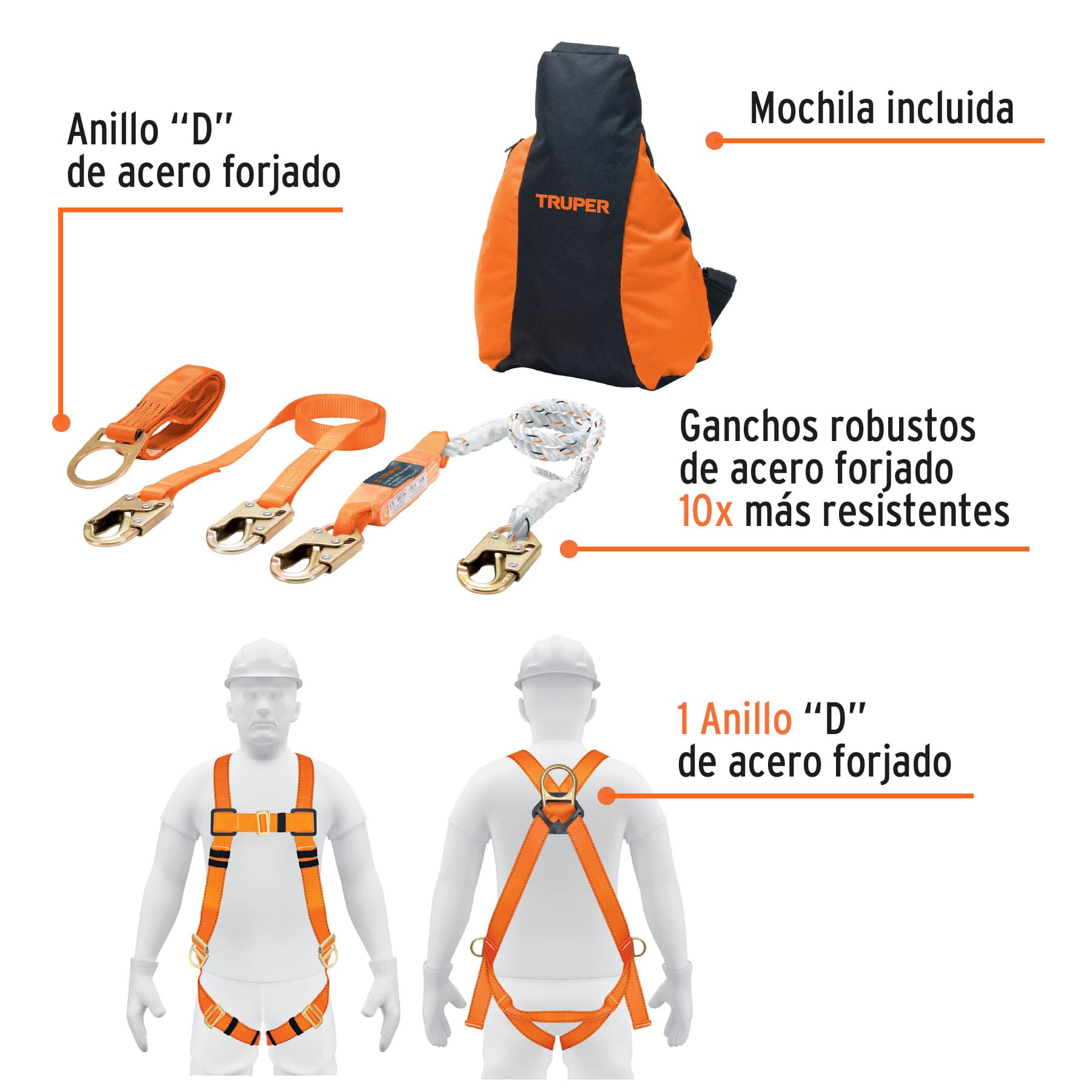 Foto 4 pulgar | Kit Contra Caídas Truper ARN-KIT-3A color Naranja con Arnés de Tres Anillos