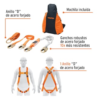 Foto 3 | Kit Contra Caídas Truper ARN-KIT-3A color Naranja con Arnés de Tres Anillos