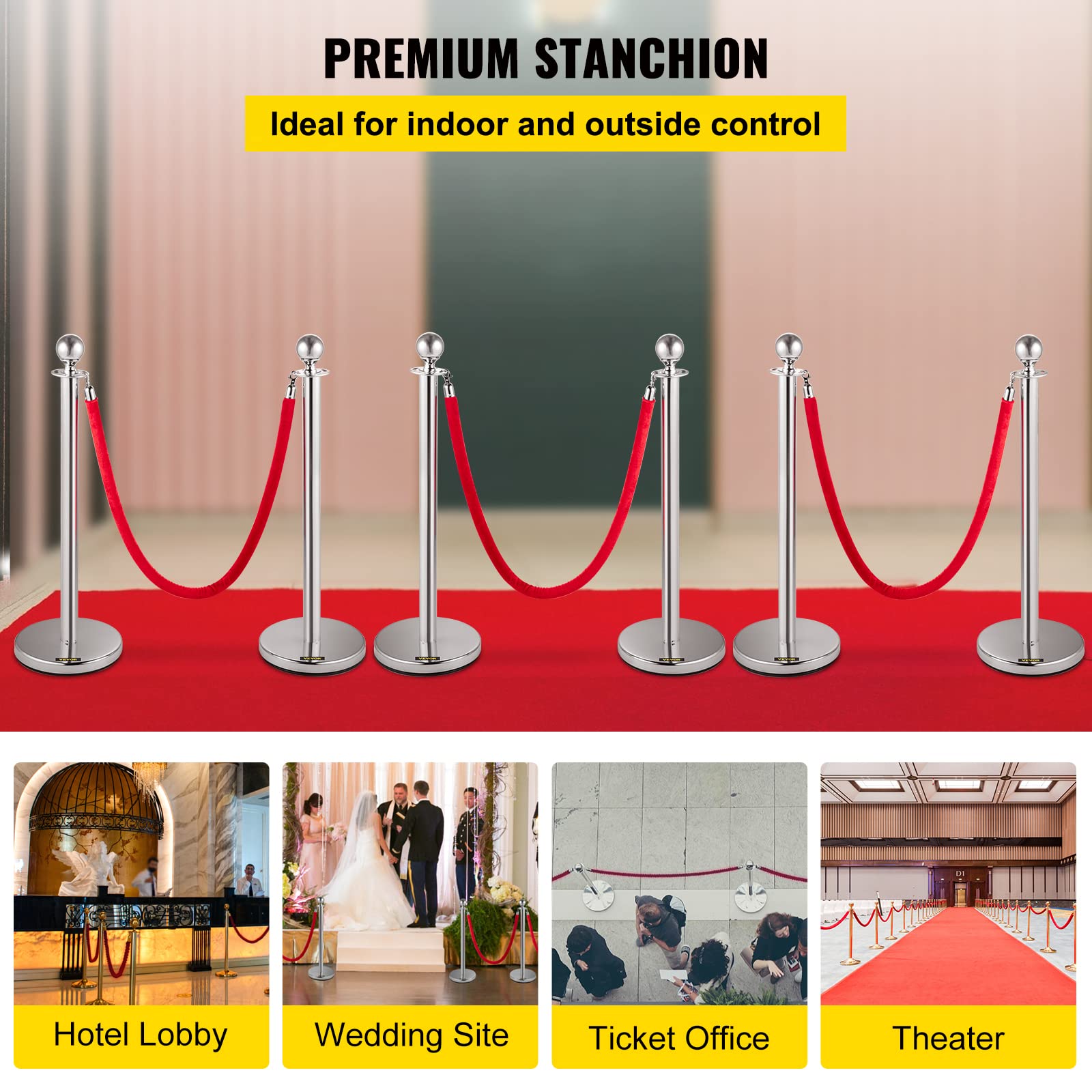 Foto 3 pulgar | Cuerdas De Terciopelo Crowd Control Stanchions Vevor, 6 Unidades, 1,5 M, Color Rojo - Venta Internacional.