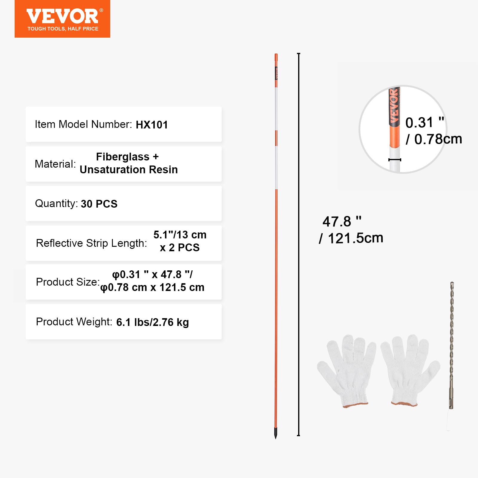 Foto 8 pulgar | Barra De Fibra De Vidrio Naranja Driveway Markers Vevor, 50 Unidades, 121,5 Cm - Venta Internacional.