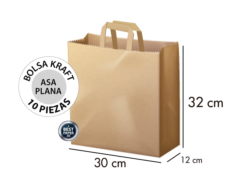 Bolsa de papel Kraft con Asa Plana 30 X 32 X 12 - 10 Bolsas $100