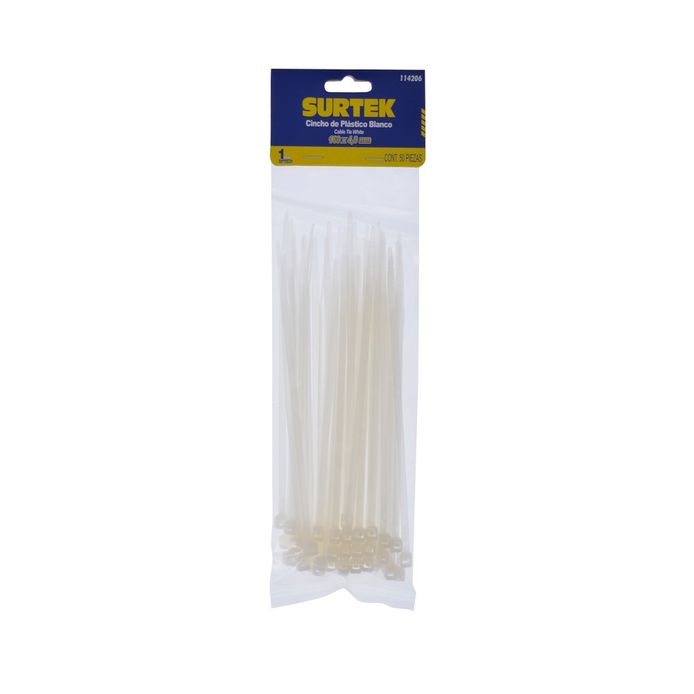 Foto 2 pulgar | Cinchos de Plástico Surtek 114206 Blanco con Seguro 160x4.8 mm 50 Piezas