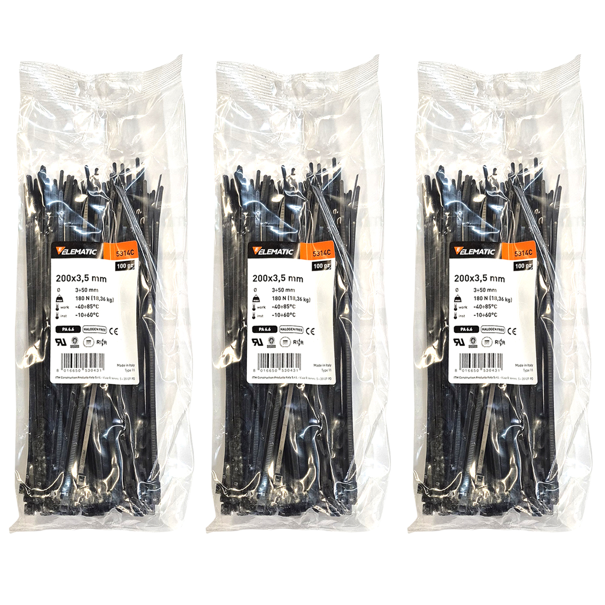 Cinchos Italiano Negro 200x3.5mm Elematic Exterior 300pz