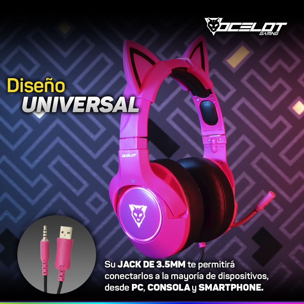 Foto 5 pulgar | Audífonos Gamer Ocelot Gaming Ogeh03 color Rosa Tipo Diadema con Micrófono con Iluminación Blanca