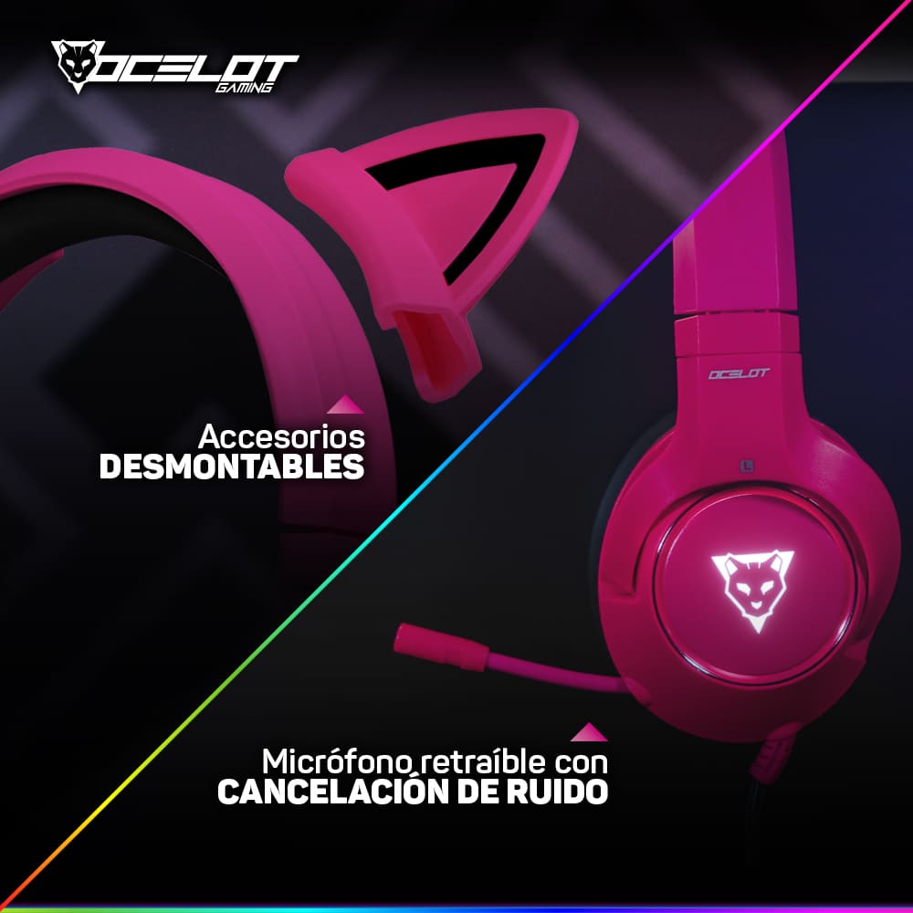 Foto 8 pulgar | Audífonos Gamer Ocelot Gaming Ogeh03 color Rosa Tipo Diadema con Micrófono con Iluminación Blanca