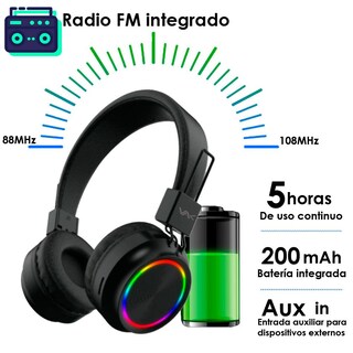 Foto 3 | Audífonos Vak 2026 color Negro Bluetooth FM Entrada SD Aux Led