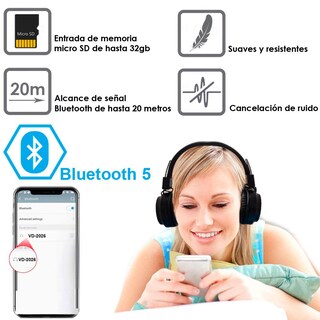 Foto 4 | Audífonos Vak 2026 color Negro Bluetooth FM Entrada SD Aux Led