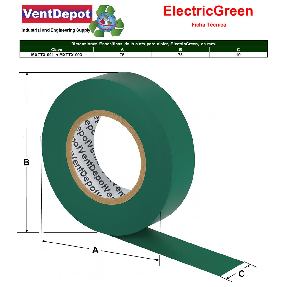 Foto 6 pulgar | Cinta Aislar Verde 19mm Ventdepot Mxttx-001 1  Pieza Verde