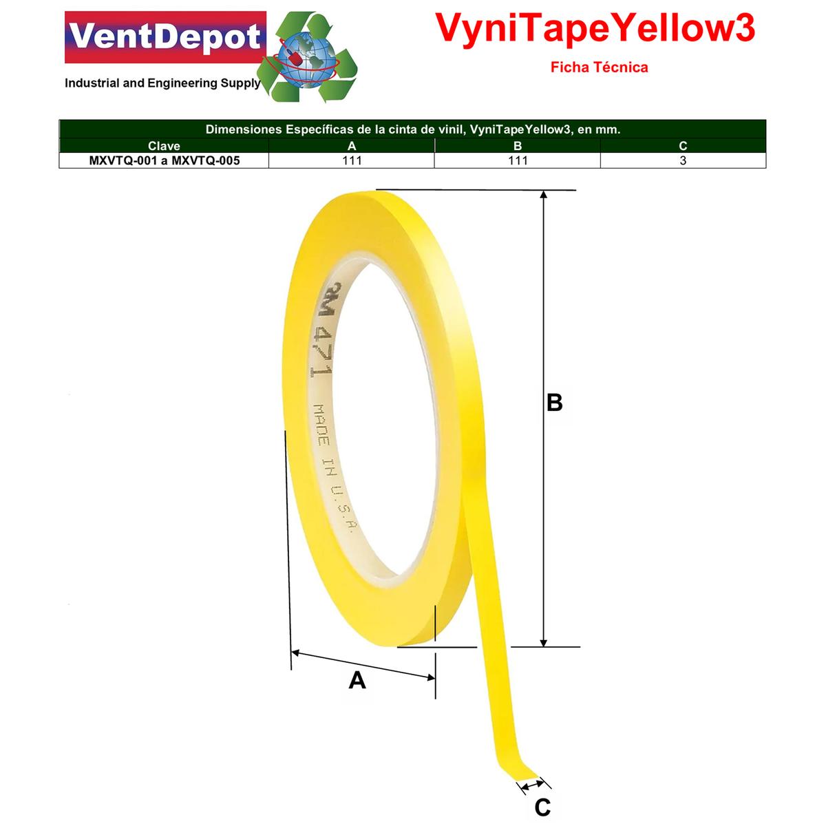 Foto 5 | Cinta Vinil 3mm Amarillo Uso Ventdepot Mxvtq-005 5  Piezas Amarillo
