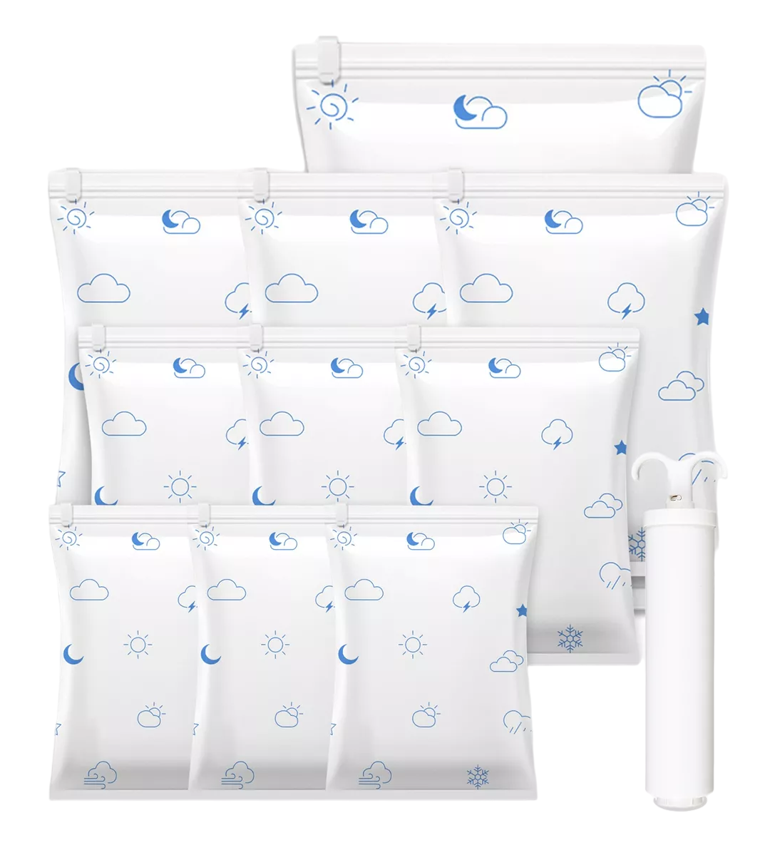 Bolsas De Almacenamiento Al Vacio Para Ropa Con Bomba 11 Pzs Blanco Nuves Azules