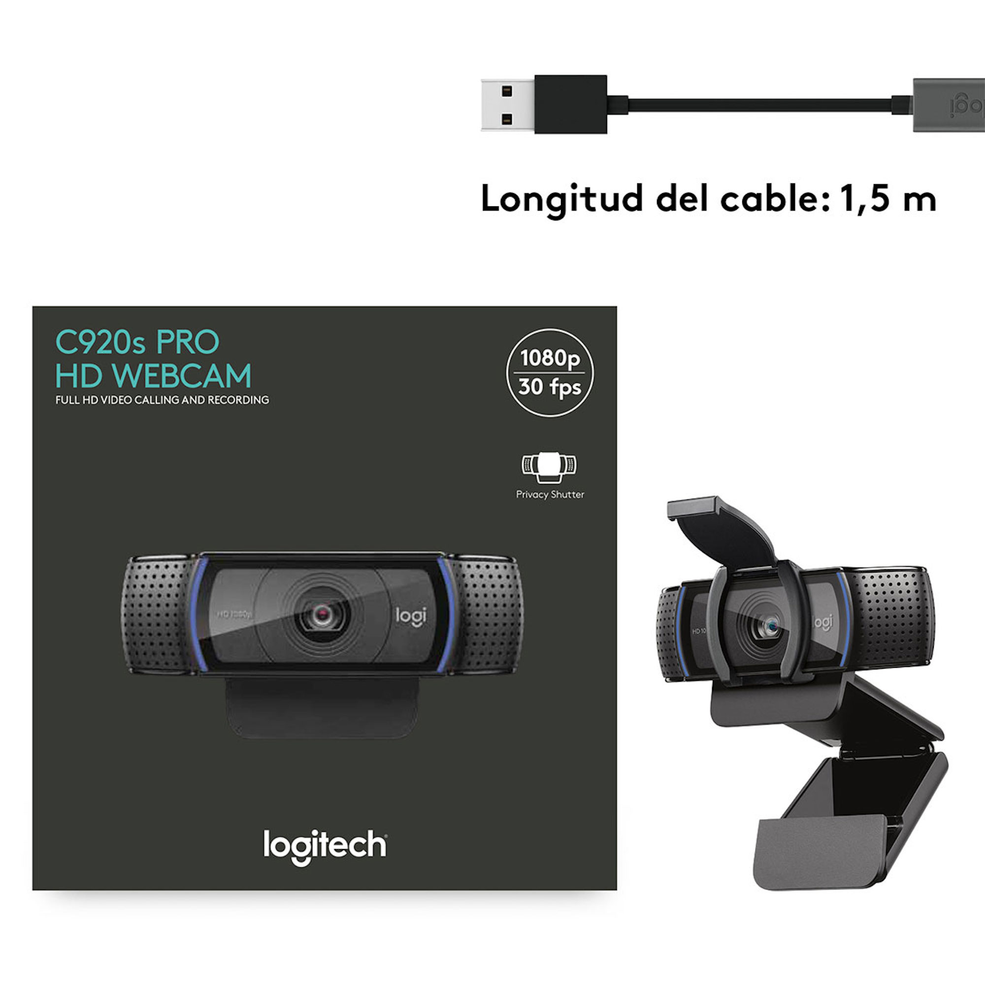 Foto 8 | Webcam Logitech C920s Negro Panorámica 1080P Micrófono Usb 2.0