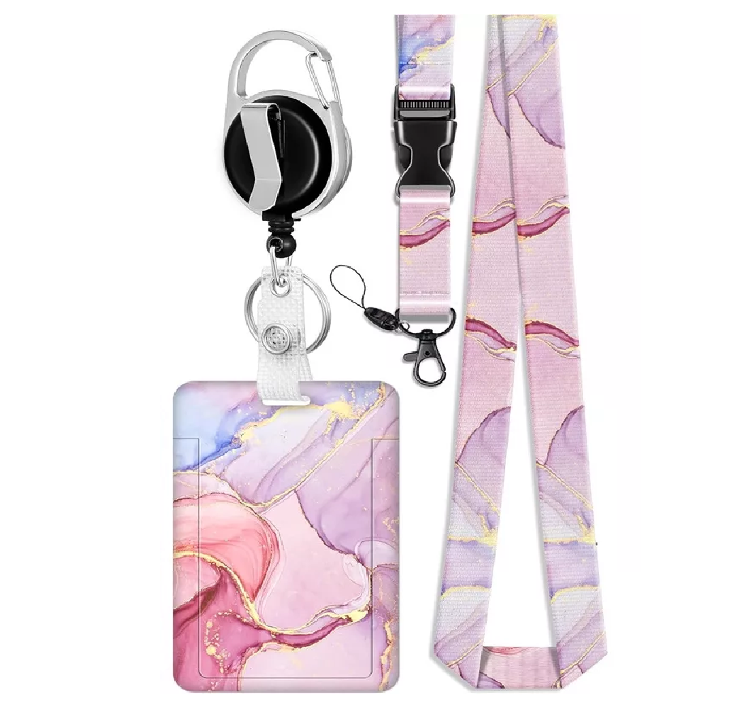 Porta Gafete Cordones Para Credenciales Cinta Rosa Marmoleado