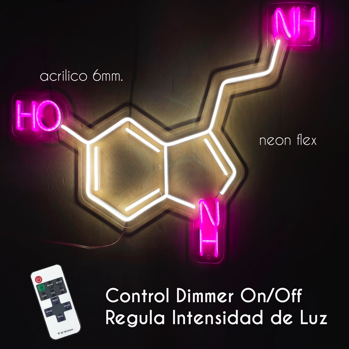 Foto 2 pulgar | Letrero Neón Decogaleria Molécula Serotonina con Control Acrílico Grueso