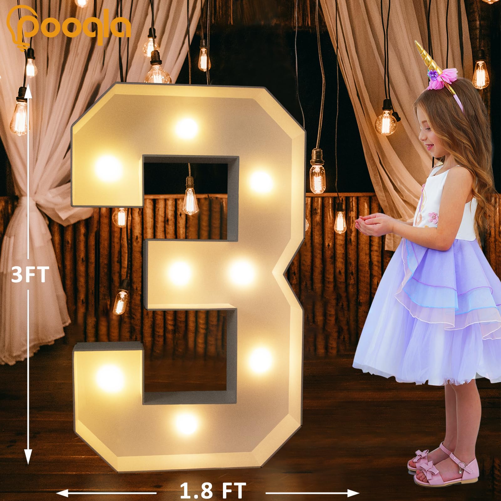 Foto 5 | Marquee Number Pooqla, Luz Led Blanca Cálida De 3 Pies, Número 3 - Venta Internacional.