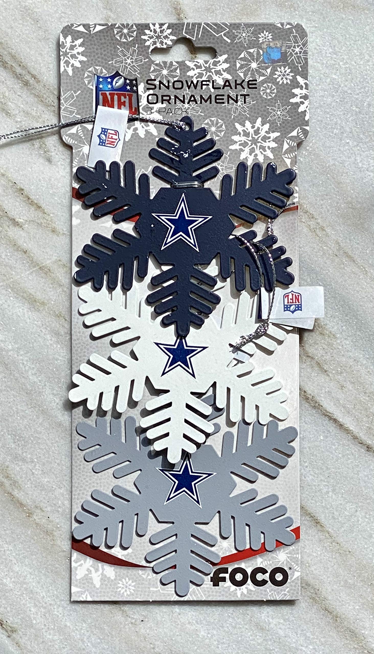 Foto 7 pulgar | Set De Adornos Navideños Foco Dallas Cowboys Nfl 3 Con Forma De Copos De Nieve Metálicos - Venta Internacional.