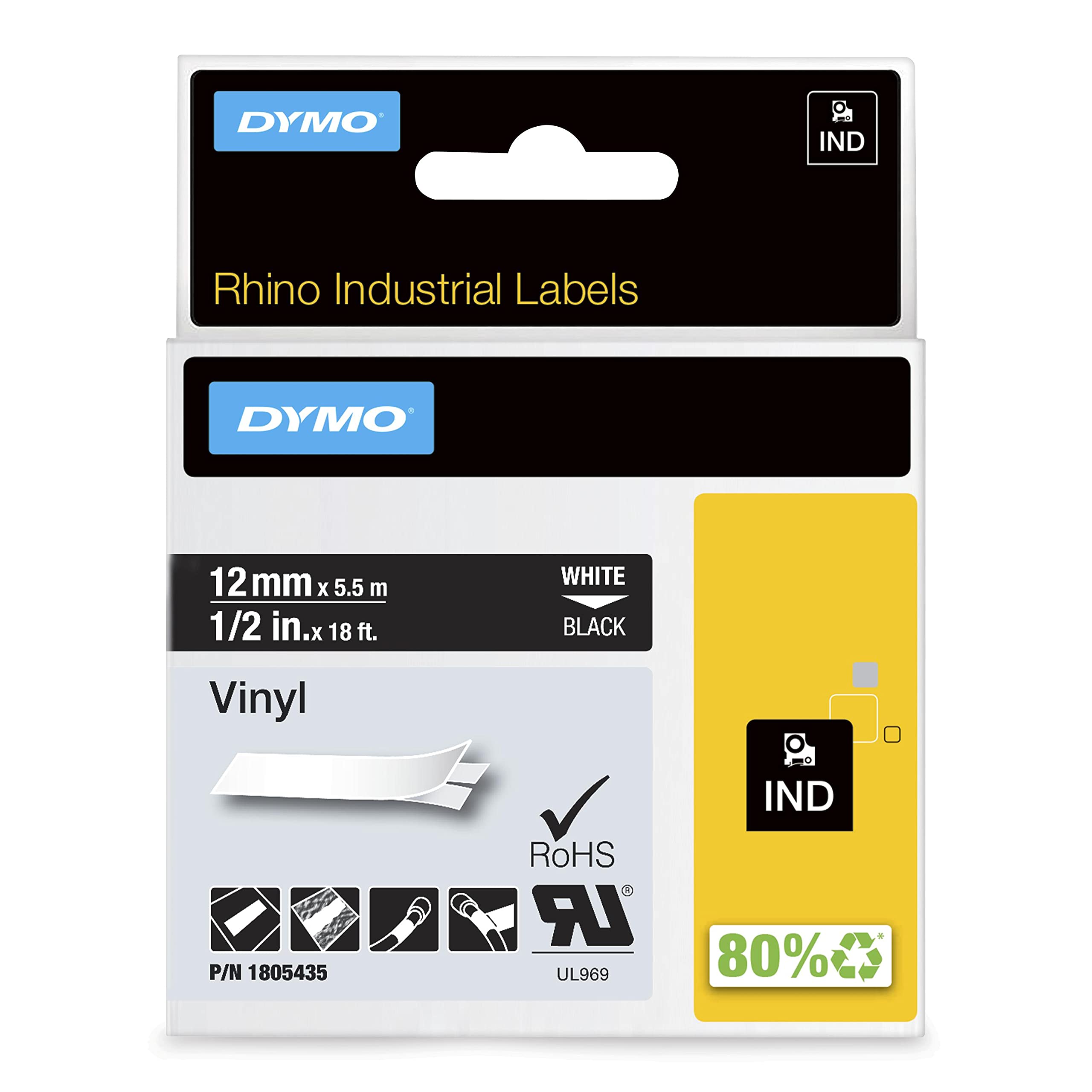 Etiquetas Industriales De Vinilo Dymo Rhino 1/2 Pulgada Blancas Sobre Negras - Venta Internacional.