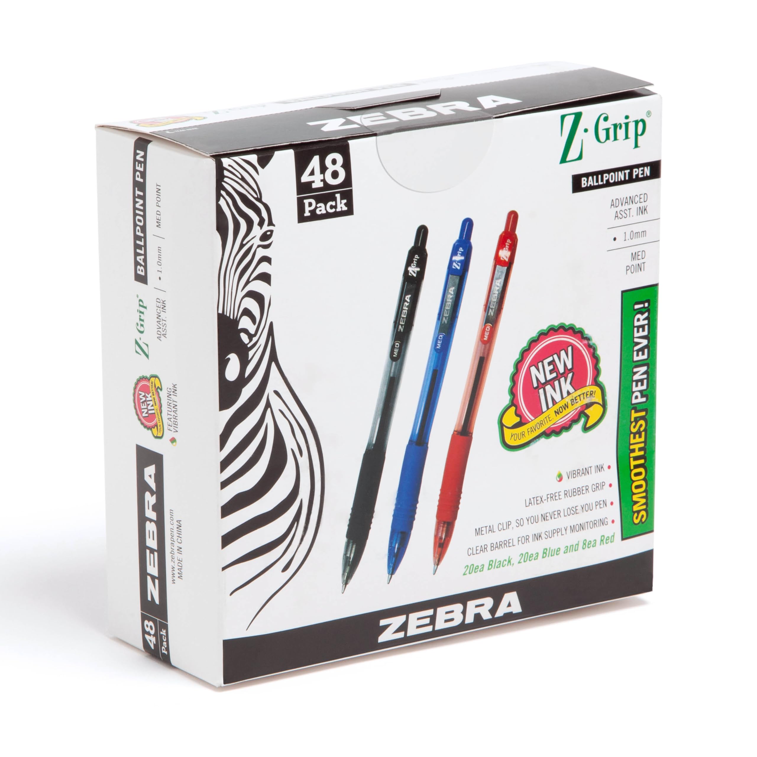 Bolígrafo Retráctil Pen Zebra Z-grip, Tamaño Mediano, Paquete De 48 - Venta Internacional.