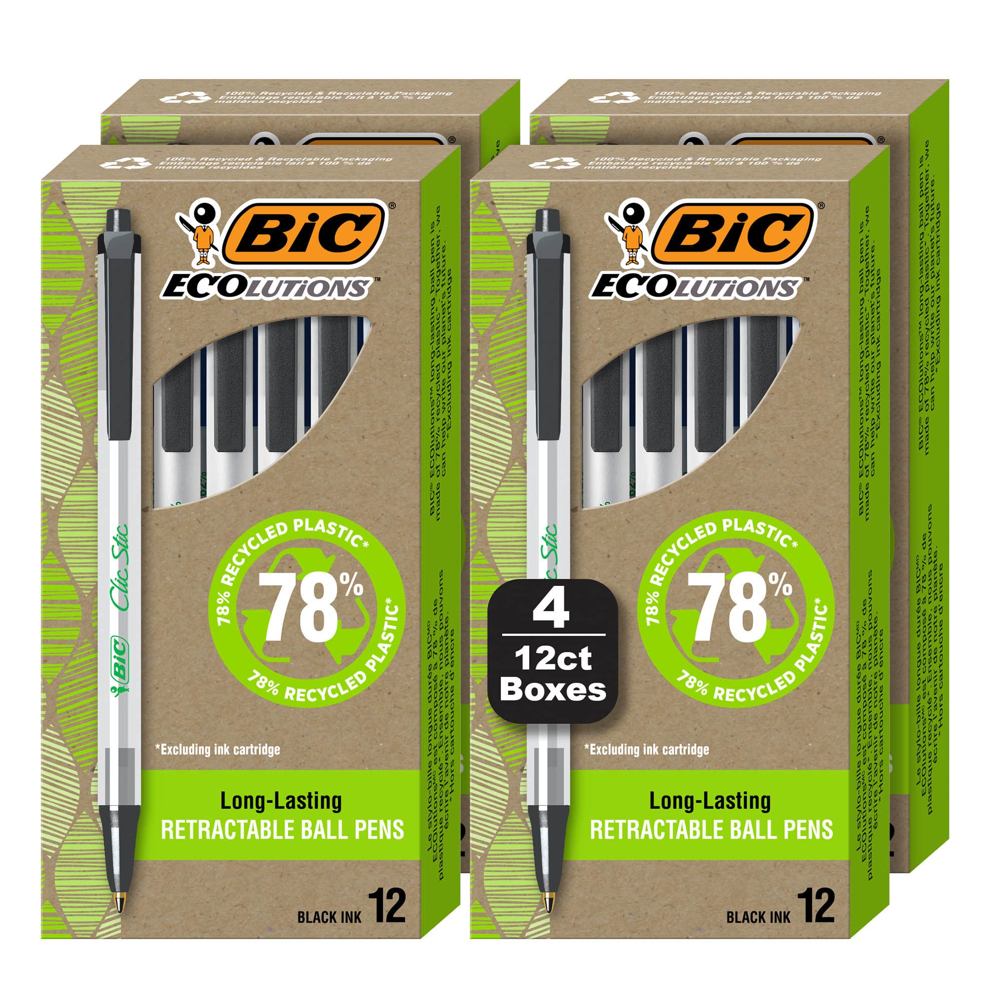 Bolígrafos Bic Ecolutions Clic Stic Negros, Tamaño Mediano, Paquete De 48 - Venta Internacional.