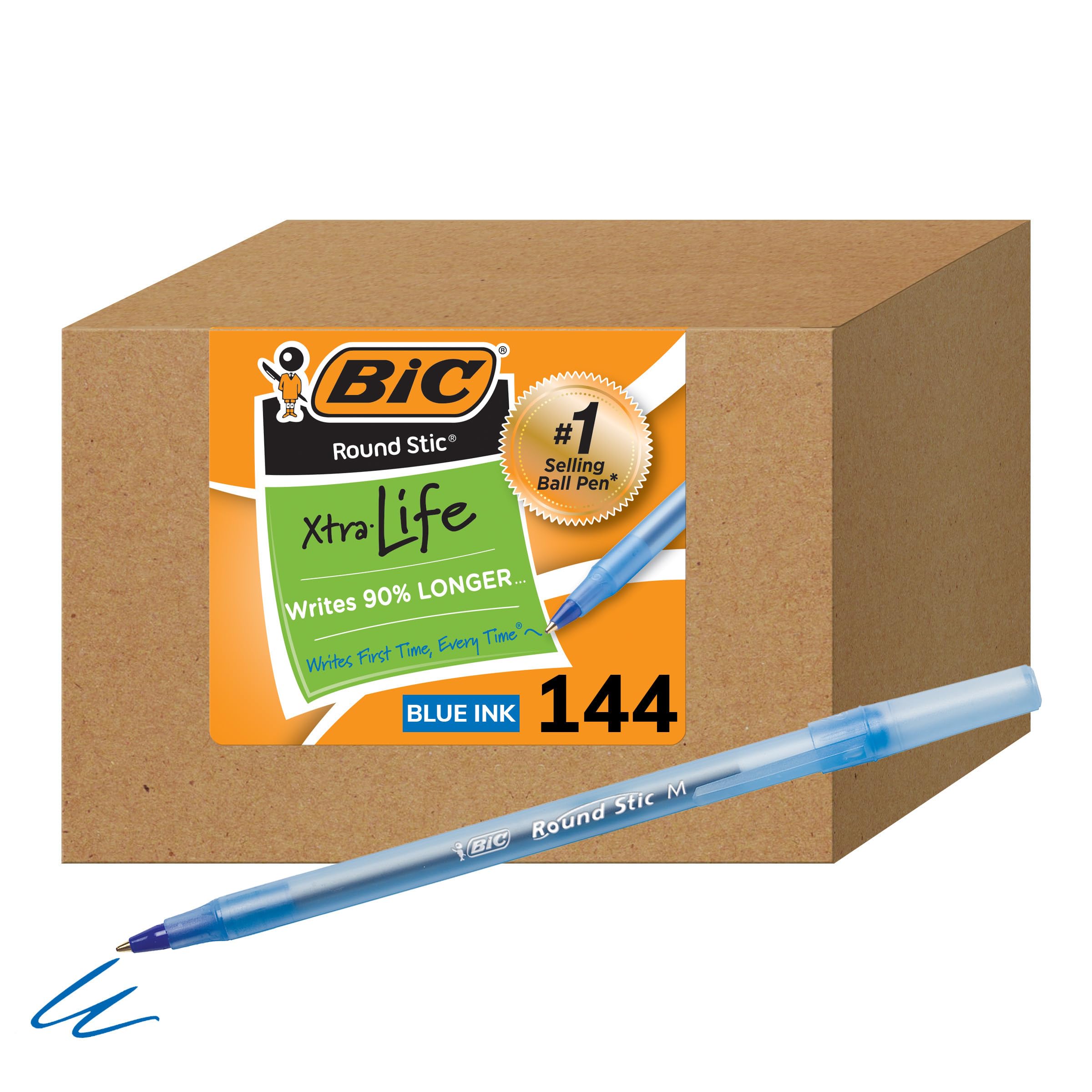 Bolígrafos Bic Round Stic Xtra Life Blue  Tamaño Mediano  Paquete De 144 - Venta Internacional.