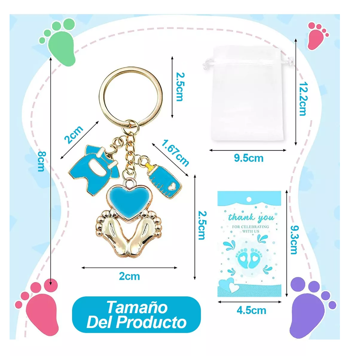 Foto 4 pulgar | Llaveros con Huellas de Baby Shower Acero Inoxidable Azul