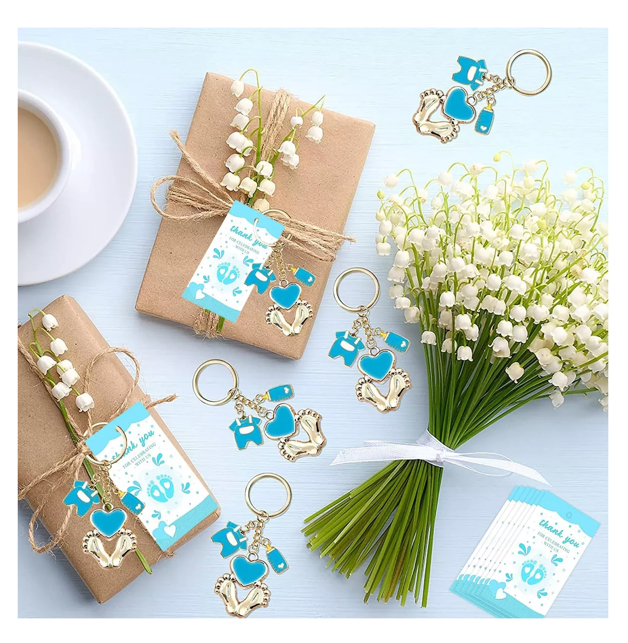 Foto 6 pulgar | Llaveros con Huellas de Baby Shower Acero Inoxidable Azul
