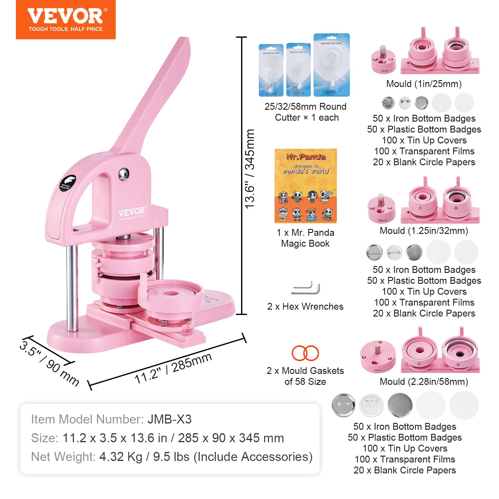 Foto 8 pulgar | Button Maker Vevor 3 En 1 25/32/58 Mm Con 300 Piezas De Repuesto, Color Rosa - Venta Internacional.