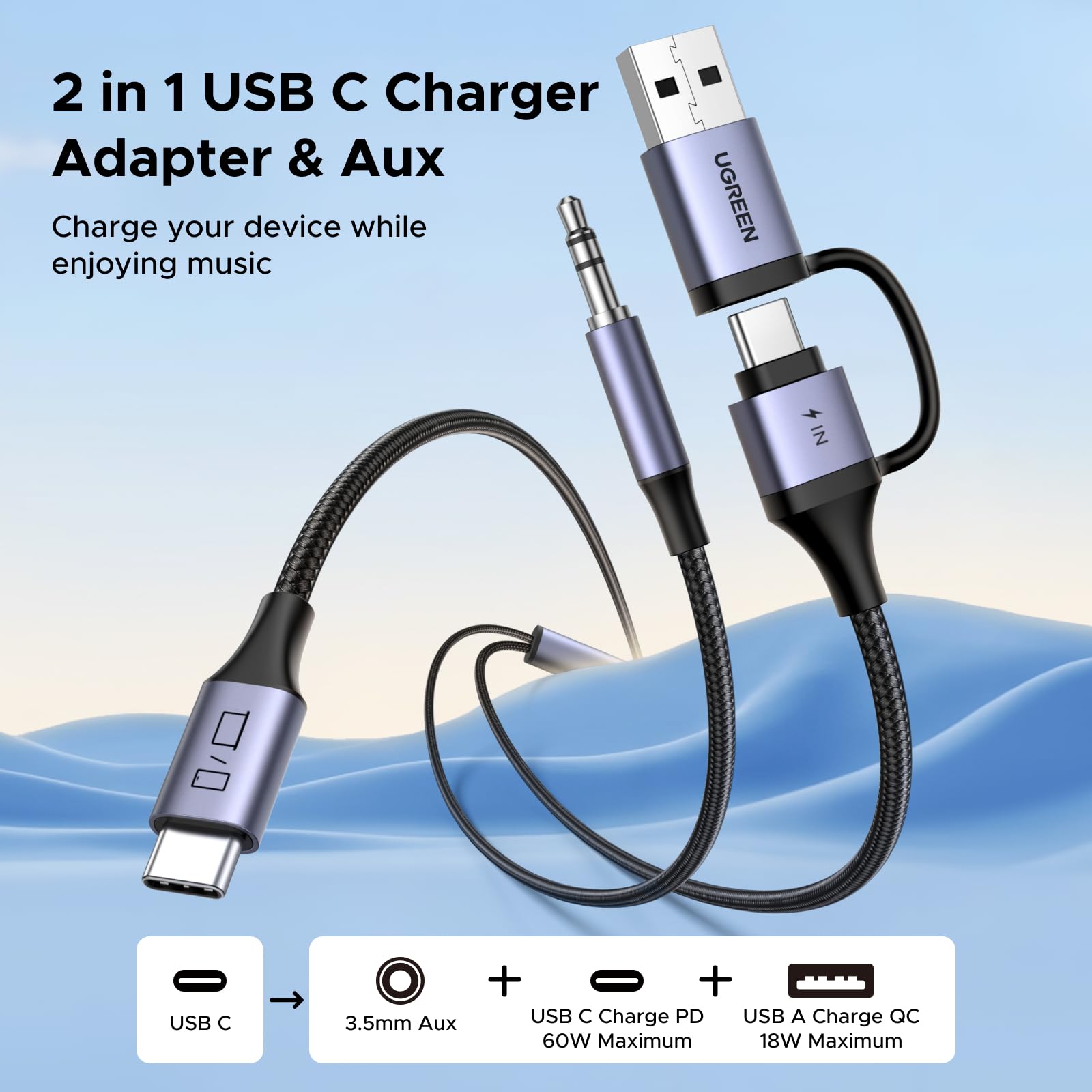 Foto 3 pulgar | Cable De Audio Usb C A 3,5 Mm Y Cargador Ugreen 60w Pd - Venta Internacional.