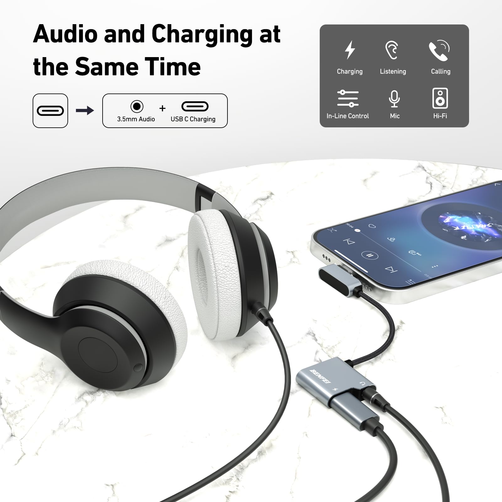 Foto 2 | Adaptador Usb C A Conector De Audio Benfei Con Carga Rápida De 60 W - Venta Internacional.