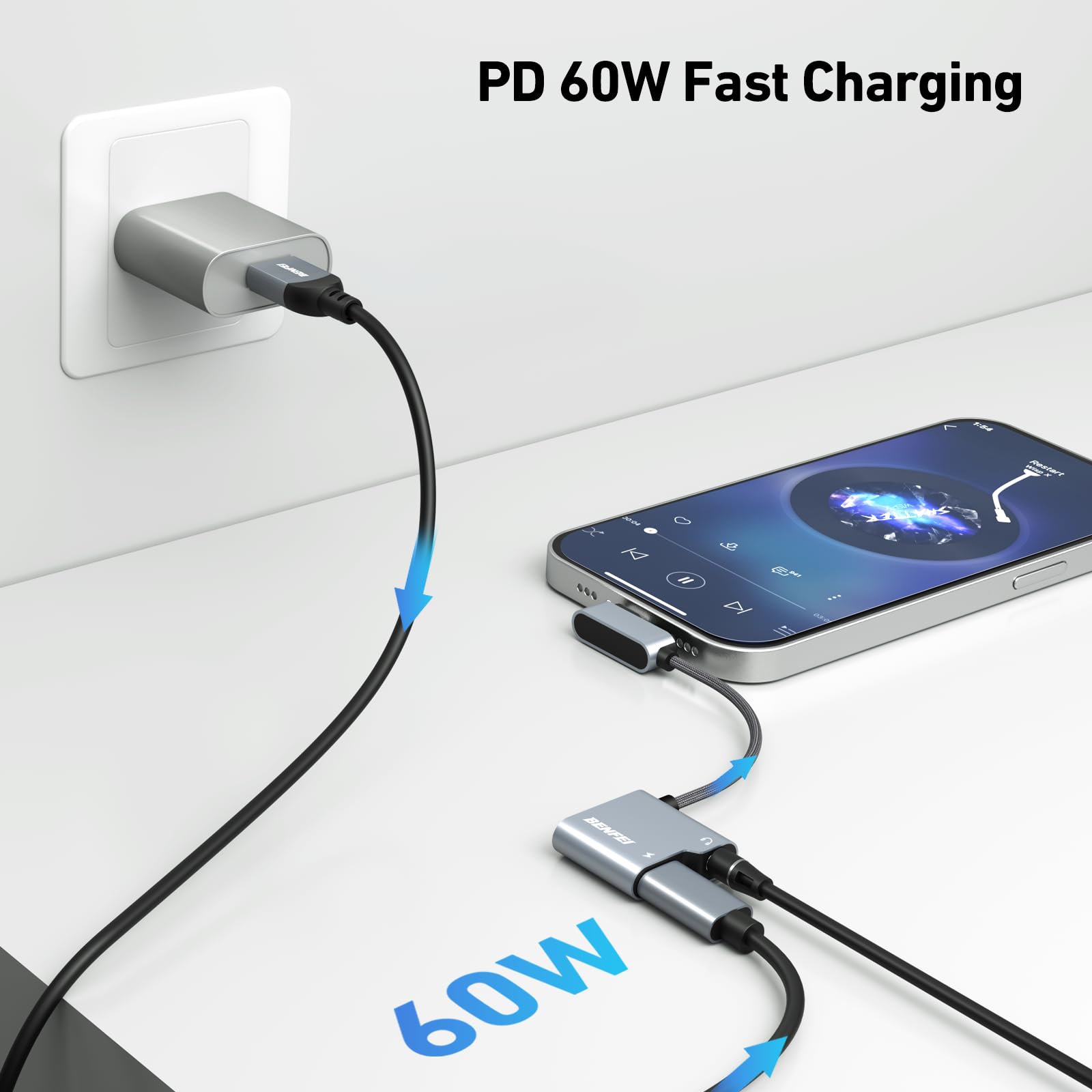 Foto 4 | Adaptador Usb C A Conector De Audio Benfei Con Carga Rápida De 60 W - Venta Internacional.