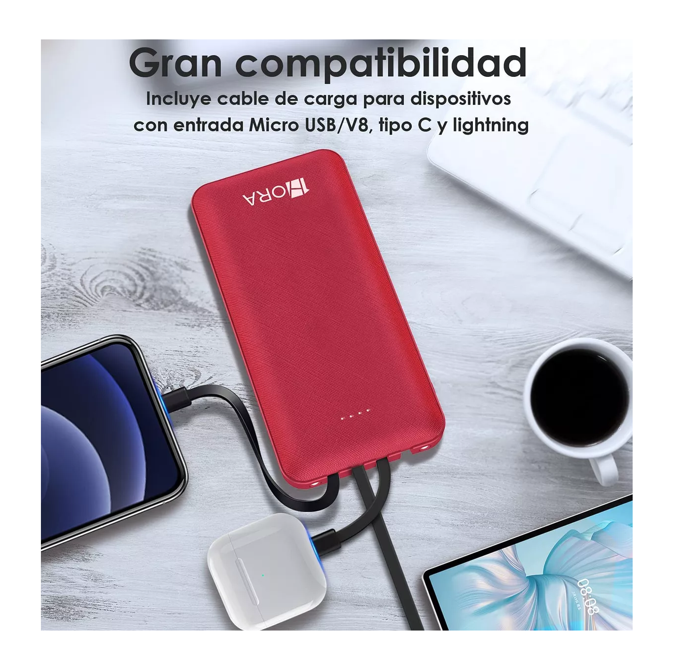 Foto 2 | Bateria Portátil Con 4 Cables Micro Usb / V8 Ip Tipo C, Power Bank 10000mah Carga Rápida Rojo