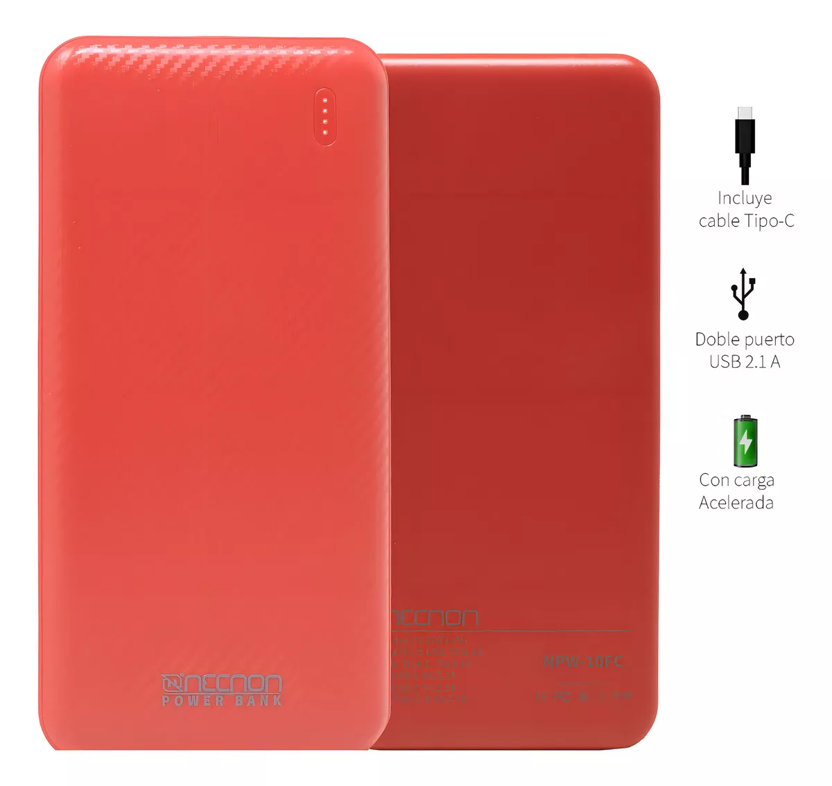 Foto 2 pulgar | Power Bank 10000 Mah Carga 2.1 Entrada Y Salida Tipo C Rojo