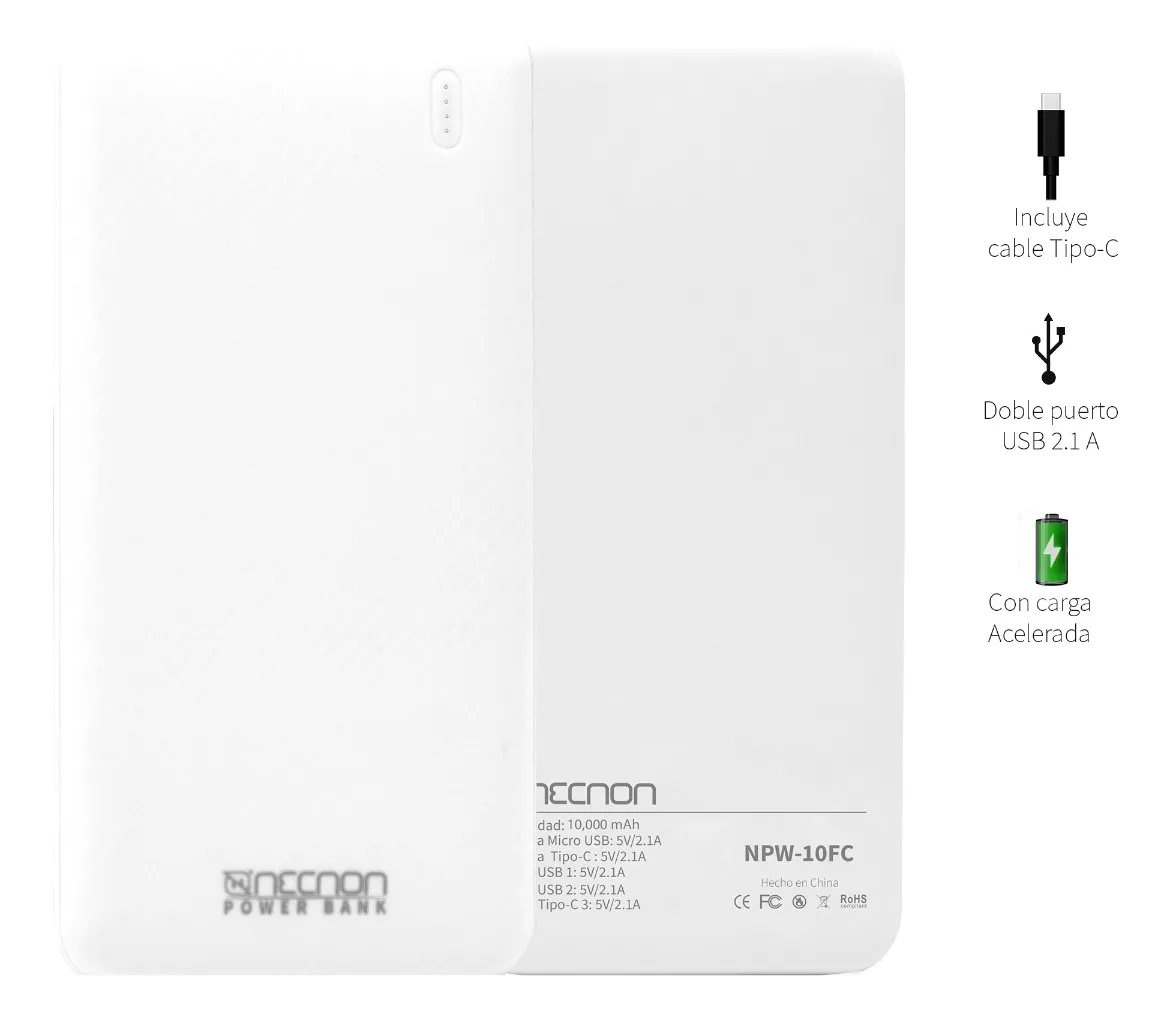 Foto 2 pulgar | Power Bank 10000 Mah Carga 2.1 Entrada Y Salida Tipo C Blanco