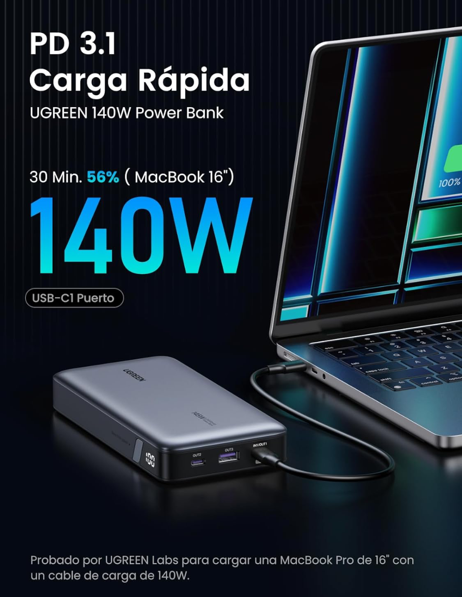 Foto 4 pulgar | Batería Portatil 25,000 Mah Pb720 Ugreen 145w Con Pantalla Digital