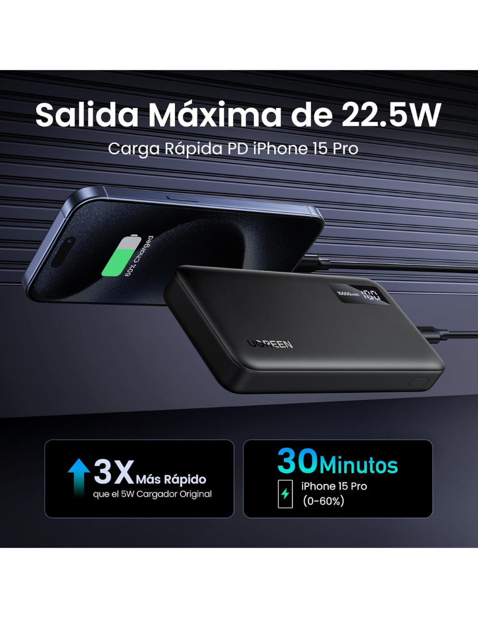 Foto 3 pulgar | Batería Portatil 10,000mah Pb311 Ugreen Usb C 20w Pantalla Led Negro