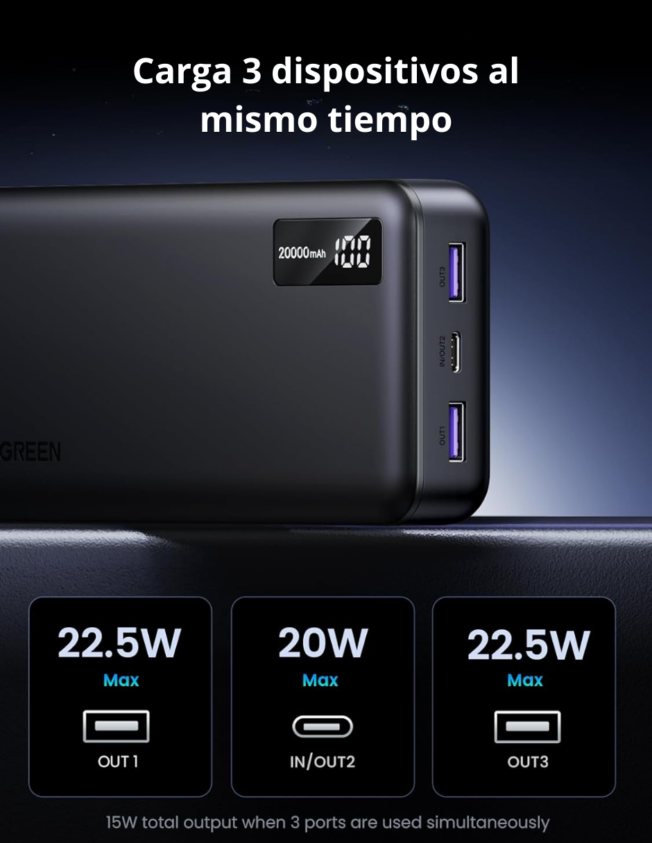 Foto 3 | Batería Portatil 20,000mah Pb312 Ugreen Usb C 20w Pantalla Led Negro