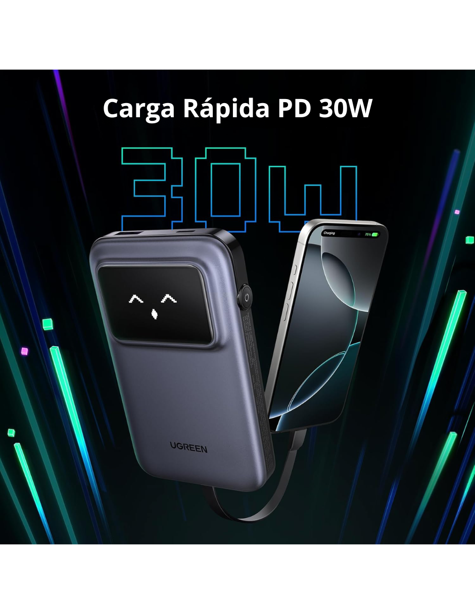 Foto 3 pulgar | Batería Portatil 10,000mah Ugreen Usb C Robot 30w Pantalla Tft Gris