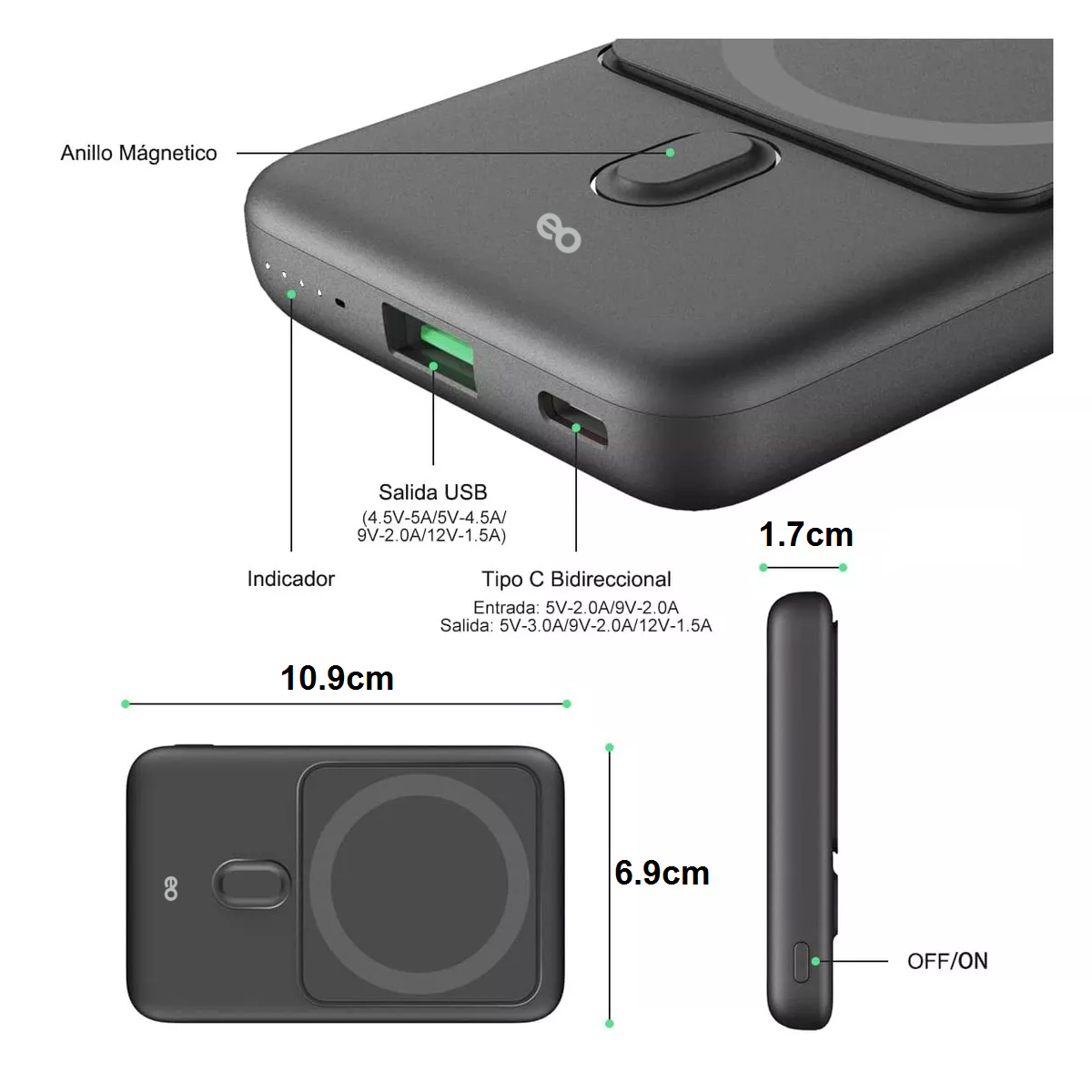 Foto 4 pulgar | Batería Portátil Inalámbrica Magnética 10000mah Eo Safe Imports Esi-11751-1 Negro