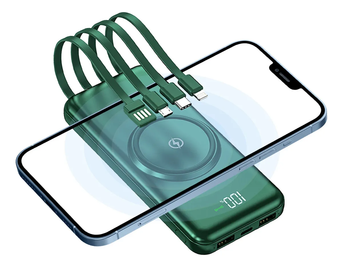 Foto 1 | Power Bank 20000 Mah Verde Con Carga Inalámbrica  4 Cables Y Pantalla Led